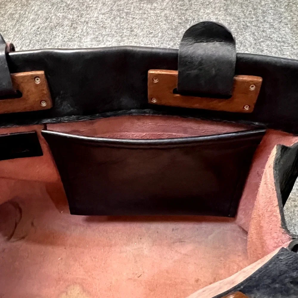 Francisco Mondet Leather and Wood Tote Bag Purse Large Designer Handmade Fashion